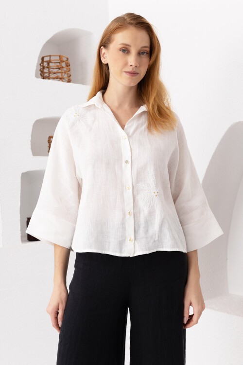 White Daisy | Keten Nakışlı Gömlek