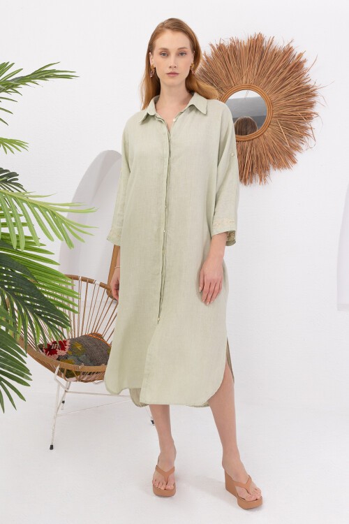 Green Papaya | Nakışlı Keten Uzun Gömlek